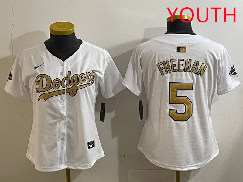 Youth Los Angeles Dodgers 5 Freeman White Champion gold character 2025 Nike MLB Jersey style 412